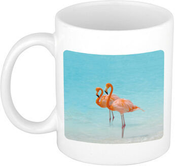 Bellatio Decorations Dieren foto mok flamingo - flamingo vogels beker wit 300 ml - feest mokken