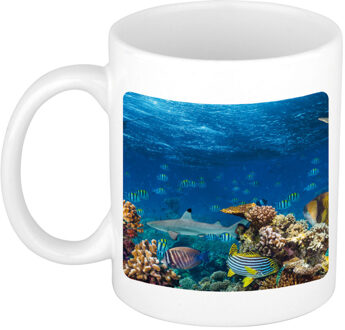 Bellatio Decorations Dieren foto mok koraalrif met vissen en haai beker wit 300 ml