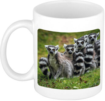 Bellatio Decorations Dieren foto mok maki familie - ringstaartmaki apen beker wit 300 ml