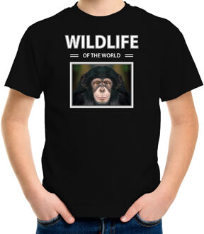 Bellatio Decorations Dieren foto t-shirt Chimpansee aap - zwart - kinderen - wildlife of the world - cadeau shirt Chimpansee apen liefhebber L (146-152)