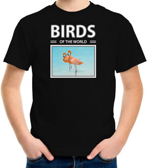 Bellatio Decorations Dieren foto t-shirt Flamingo vogel - zwart - kinderen - birds of the world - cadeau shirt vogel liefhebber L (146-152)