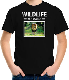 Bellatio Decorations Dieren foto t-shirt Leeuw - zwart - kinderen - wildlife of the world - cadeau shirt Leeuwen liefhebber L (146-152)