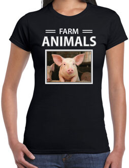 Bellatio Decorations Dieren foto t-shirt Varken - zwart - dames - farm animals - cadeau shirt Varkens liefhebber 2XL