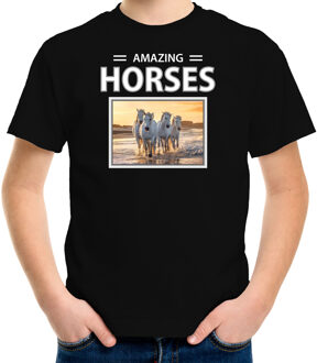 Bellatio Decorations Dieren foto t-shirt wit paard - zwart - kinderen - amazing horses - cadeau shirt witte paarden liefhebber L (146-152)