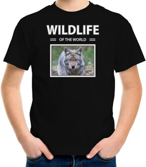 Bellatio Decorations Dieren foto t-shirt Wolf - zwart - kinderen - wildlife of the world - cadeau shirt Wolven liefhebber L (146-152)