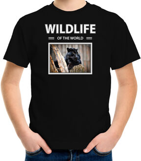 Bellatio Decorations Dieren foto t-shirt Zwarte panter - zwart - kinderen - wildlife of the world - cadeau shirt Panters liefhebber L (146-152)