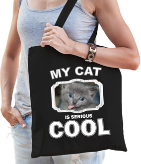 Bellatio Decorations Dieren grijze katten tas katoen volw + kind zwart - my cat is serious cool kado boodschappentas/ gymtas / sporttas - katten/ poes