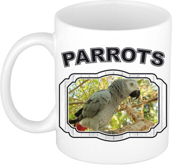 Bellatio Decorations Dieren grijze papegaai beker - parrots/ papegaaien mok wit 300 ml - feest mokken