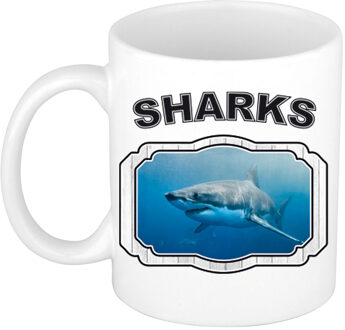 Bellatio Decorations Dieren haai beker - sharks/ haaien mok wit 300 ml - feest mokken