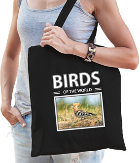 Bellatio Decorations Dieren Hop foto tas katoen volw + kind zwart - birds of the world - kado boodschappentas/ gymtas / sporttas - Hop vogels