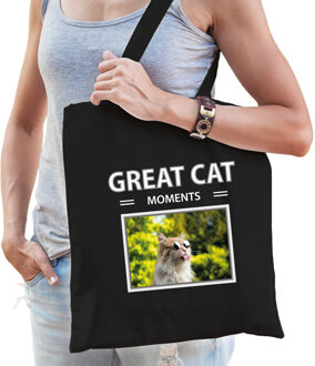 Bellatio Decorations Dieren katten foto tas katoen volw + kind zwart - great cat moments - kado boodschappentas/ gymtas / sporttas - Katten