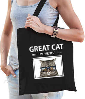 Bellatio Decorations Dieren katten foto tas katoen volw + kind zwart - great cat moments - kado boodschappentas/ gymtas / sporttas - Katten