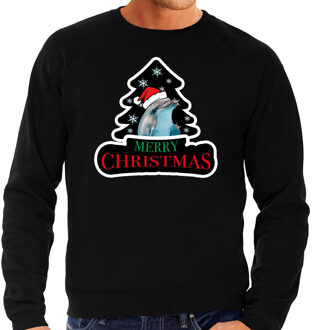 Bellatio Decorations Dieren kersttrui dolfijn zwart heren - Foute dolfijnen kerstsweater 2XL - kerst truien