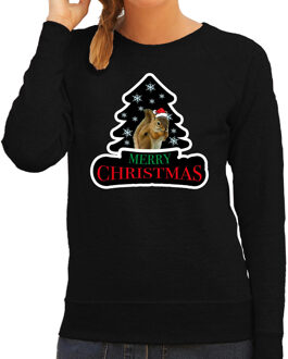 Bellatio Decorations Dieren kersttrui eekhoorntje zwart dames - Foute eekhoorntjes kerstsweater 2XL - kerst truien