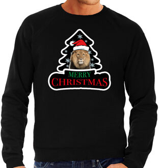 Bellatio Decorations Dieren kersttrui leeuw zwart heren - Foute leeuwen kerstsweater 2XL - kerst truien