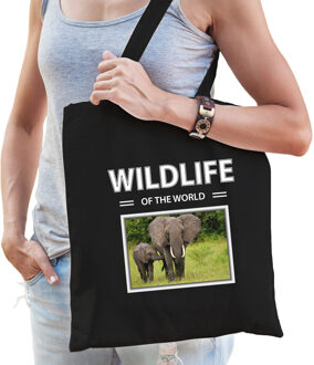 Bellatio Decorations Dieren Olifant foto tas katoen volw + kind zwart - wildlife of the world - kado boodschappentas/ gymtas / sporttas - Olifanten