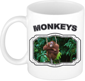 Bellatio Decorations Dieren orang oetan beker - monkeys/ apen mok wit 300 ml - feest mokken