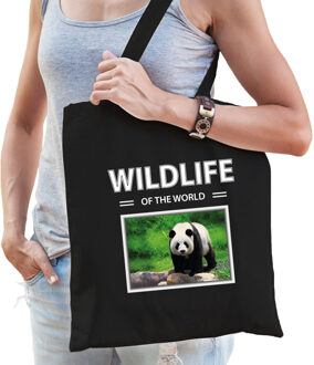 Bellatio Decorations Dieren Panda foto tas katoen volw + kind zwart - wildlife of the world - kado boodschappentas/ gymtas / sporttas - Pandabeer