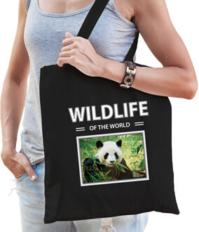 Bellatio Decorations Dieren Panda foto tas katoen volw + kind zwart - wildlife of the world - kado boodschappentas/ gymtas / sporttas - Pandas