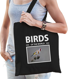 Bellatio Decorations Dieren Putter vogel foto tas katoen volw + kind zwart - birds of the world - kado boodschappentas/ gymtas / sporttas - Putters