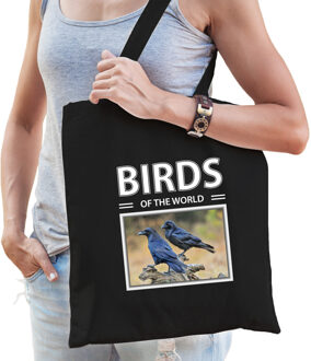 Bellatio Decorations Dieren Raaf vogel foto tas katoen volw + kind zwart - birds of the world - kado boodschappentas/ gymtas / sporttas - Raven