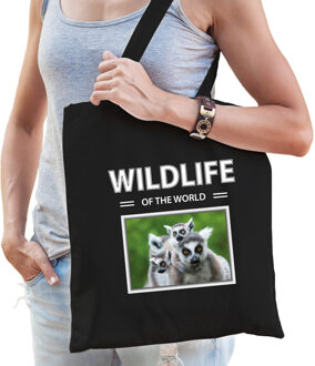 Bellatio Decorations Dieren Ringstaart maki foto tas katoen volw + kind zwart - wildlife of the world - kado boodschappentas/ gymtas / sporttas - Ringstaart makis