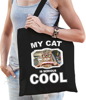 Bellatio Decorations Dieren rode katten tas katoen volw + kind zwart - my cat is serious cool kado boodschappentas/ gymtas / sporttas - katten/ poes