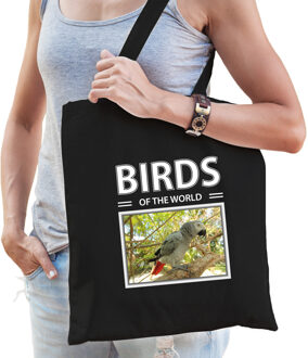 Bellatio Decorations Dieren roodstaart papegaai foto tas volw + kind zwart - birds of the world - kado boodschappentas/ gymtas / sporttas - Papegaaien