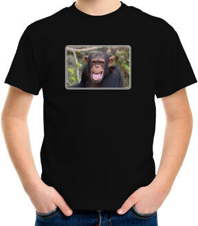 Bellatio Decorations Dieren shirt met apen foto - zwart - voor kinderen - natuur / Chimpansee aap cadeau t-shirt L (146-152)