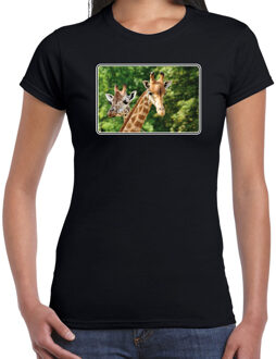 Bellatio Decorations Dieren shirt met giraffen foto - zwart - voor dames - Afrikaanse dieren/ giraf cadeau t-shirt - kleding 2XL