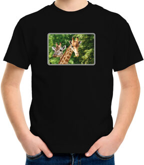 Bellatio Decorations Dieren shirt met giraffen foto - zwart - voor kinderen - Afrikaanse dieren/ giraf cadeau t-shirt L (146-152)