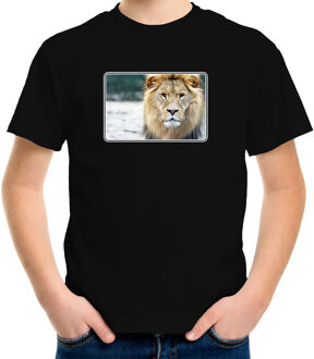 Bellatio Decorations Dieren shirt met leeuwen foto - zwart - voor kinderen - Afrikaanse dieren/ leeuw cadeau t-shirt L (146-152)