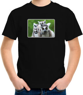 Bellatio Decorations Dieren shirt met maki apen foto - zwart - voor kinderen - natuur / ringstaart maki cadeau t-shirt L (146-152)