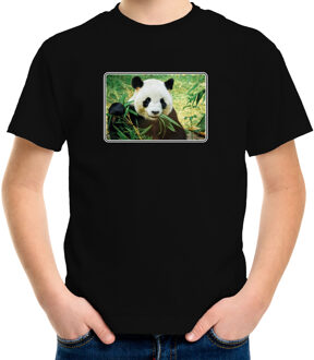 Bellatio Decorations Dieren shirt met pandaberen foto - zwart - voor kinderen - natuur / panda cadeau t-shirt L (146-152)