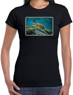 Bellatio Decorations Dieren shirt met schildpadden foto - zwart - voor dames - natuur / zeeschildpad cadeau t-shirt / kleding L