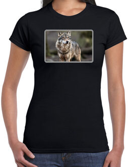 Bellatio Decorations Dieren shirt met wolven foto - zwart - voor dames - natuur / wolf cadeau t-shirt / kleding 2XL