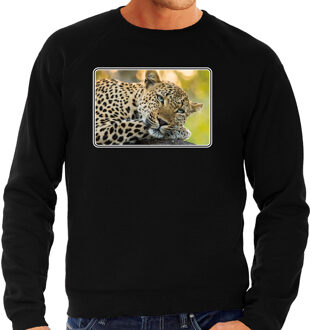 Bellatio Decorations Dieren sweater met jaguars foto - zwart - voor heren - natuur / luipaard cadeau trui - kleding / sweat shirt 2XL