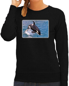 Bellatio Decorations Dieren sweater met orka walvissen foto - zwart - voor dames - natuur / orka cadeau trui - kleding / sweat shirt 2XL