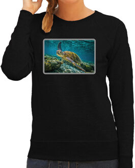 Bellatio Decorations Dieren sweater met schildpadden foto - zwart - voor dames - natuur / zeeschildpad cadeau trui - kleding / sweat shirt 2XL