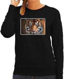 Bellatio Decorations Dieren sweater met tijgers foto - zwart - voor dames - natuur / tijger cadeau trui - kleding / sweat shirt 2XL