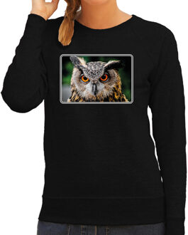 Bellatio Decorations Dieren sweater met uilen foto - zwart - voor dames - roofvogel/ Oehoe uil cadeau trui - kleding / sweat shirt 2XL