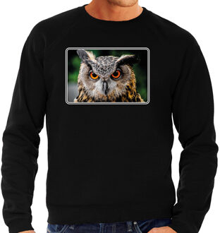 Bellatio Decorations Dieren sweater met uilen foto - zwart - voor heren - roofvogel/ uil cadeau trui - kleding / sweat shirt 2XL