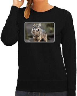 Bellatio Decorations Dieren sweater met wolven foto - zwart - voor dames - natuur / wolf cadeau trui - kleding / sweat shirt 2XL