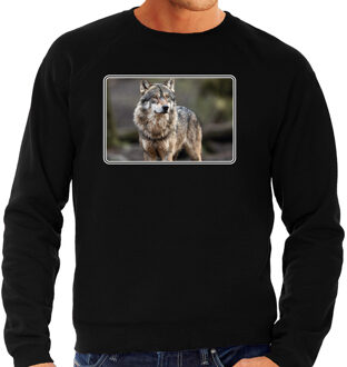 Bellatio Decorations Dieren sweater met wolven foto - zwart - voor heren - natuur / wolf cadeau trui - kleding / sweat shirt 2XL