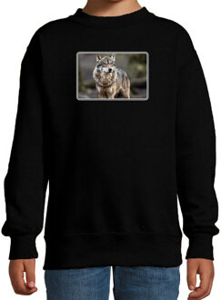 Bellatio Decorations Dieren sweater met wolven foto - zwart - voor kinderen - wolf cadeau trui - kleding / sweat shirt 12-13 jaar (152/164)