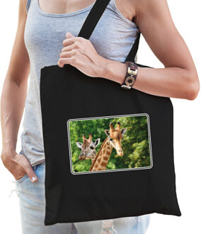 Bellatio Decorations Dieren tas van katoen met giraffen foto zwart voor volwassenen