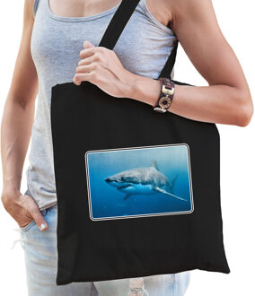 Bellatio Decorations Dieren tas van katoen met haaien foto zwart voor volwassenen