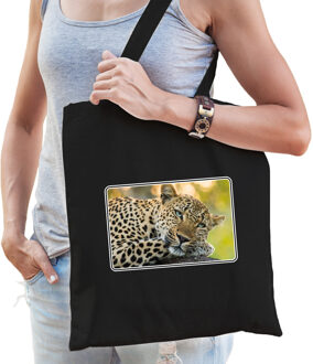 Bellatio Decorations Dieren tas van katoen met jaguars foto zwart voor volwassenen