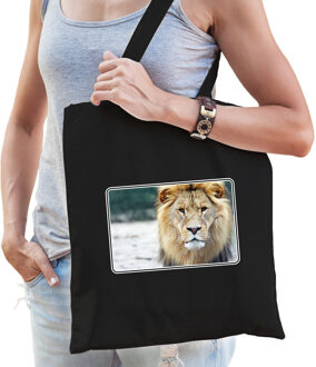 Bellatio Decorations Dieren tas van katoen met leeuwen foto zwart voor volwassenen