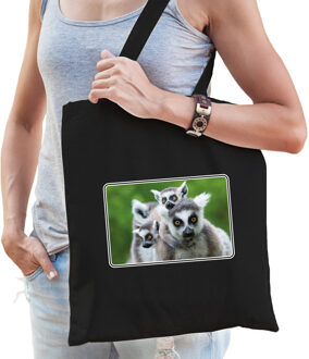 Bellatio Decorations Dieren tas van katoen met maki apen foto zwart voor volwassenen